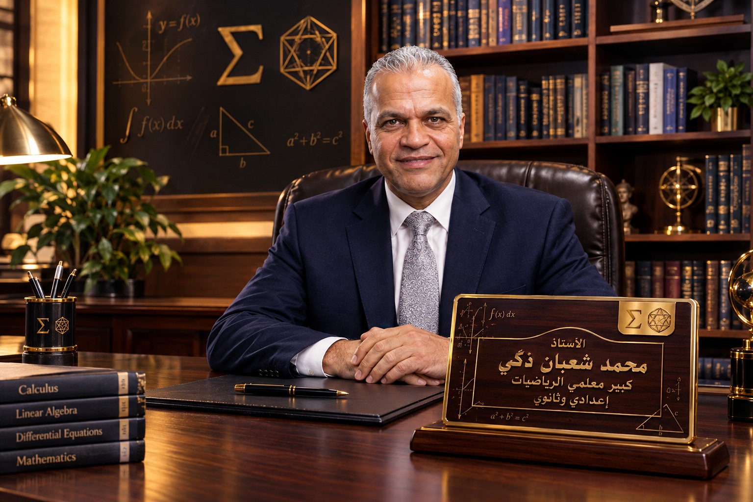 الأستاذ محمد شعبان ذكي في مكتبه أمام لوحة بياناته المحفورة